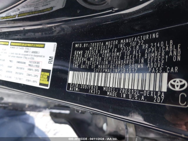 Toyota COROLLA LE 2022 5YFEPMAE1NP381017 Image 9