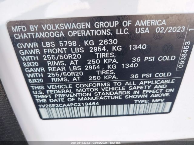 1V2SE2CA4PC219464 Volkswagen Atlas Cross Sport 3.6l V6 Sel/3.6l V6 Sel R-line Black
