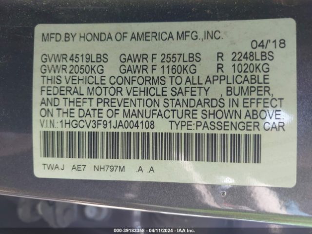 1HGCV3F91JA004108 Honda Accord Hybrid Touring