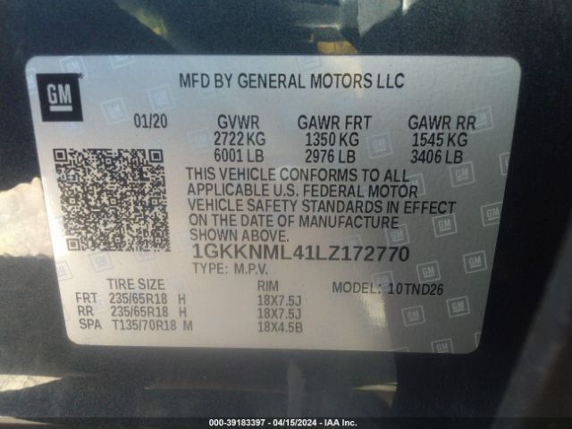 1GKKNML41LZ172770 GMC Acadia Fwd Slt