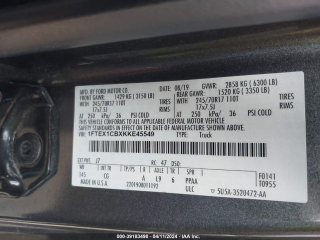 Ford F-150 Xl 2019 1FTEX1CBXKKE45549 Image 9