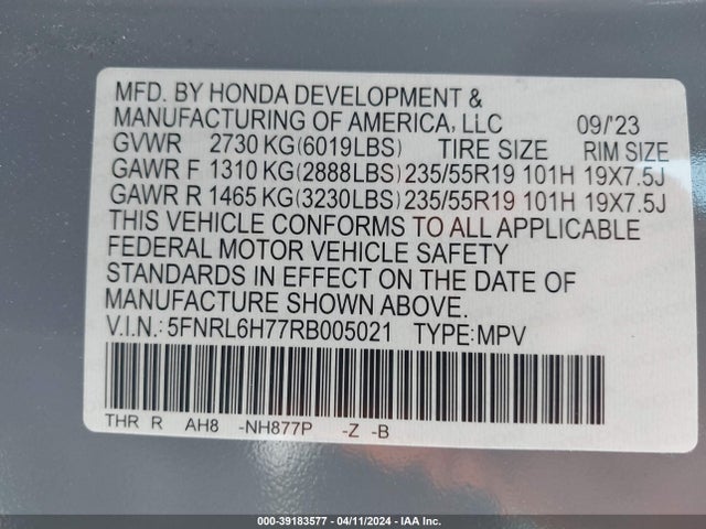 Honda Odyssey Sport 2024 5FNRL6H77RB005021 Image 9