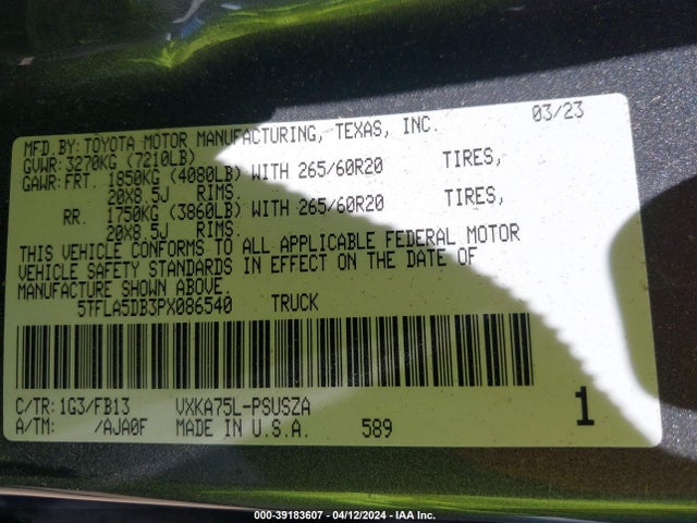 Toyota Tundra Sr5 2023 5TFLA5DB3PX086540 Image 9