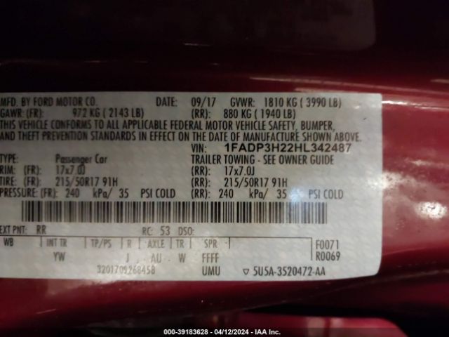 1FADP3H22HL342487 Ford FOCUS SEL