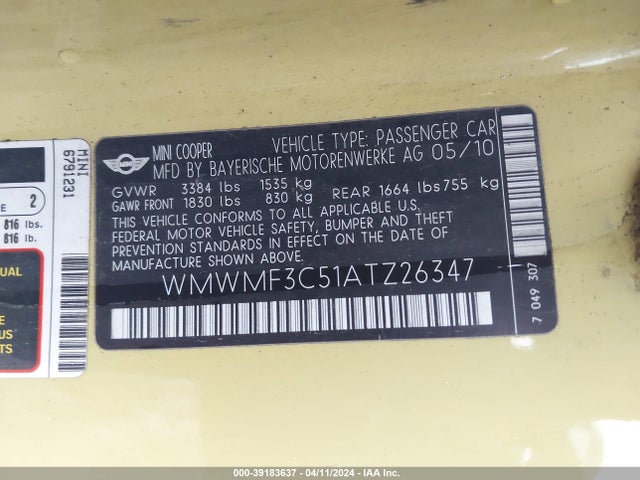 2010 MINI COOPER WMWMF3C51ATZ26347 Photo 8