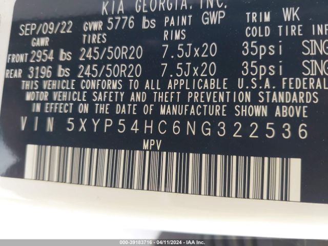 5XYP54HC6NG322536 KIA Telluride Sx