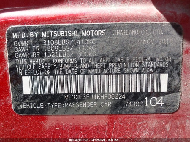 ML32F3FJ4KHF06224 Mitsubishi Mirage G4 Es