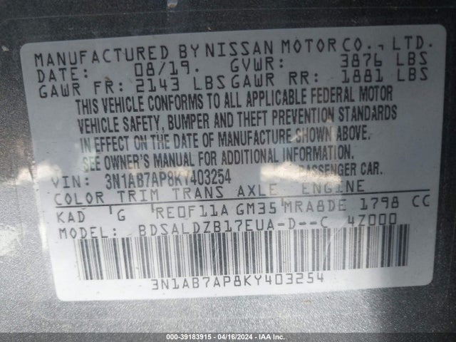 Nissan SENTRA SV 2019 3N1AB7AP8KY403254 Image 9