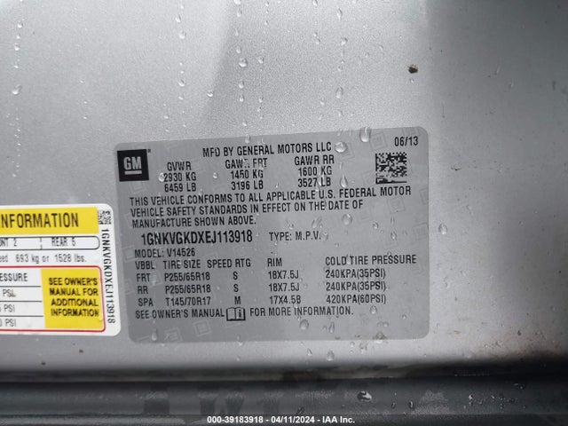 Chevrolet Traverse 1lt 2014 1GNKVGKDXEJ113918 Image 9