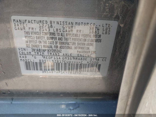 Nissan SENTRA SV 2019 3N1AB7AP1KY285242 Image 9