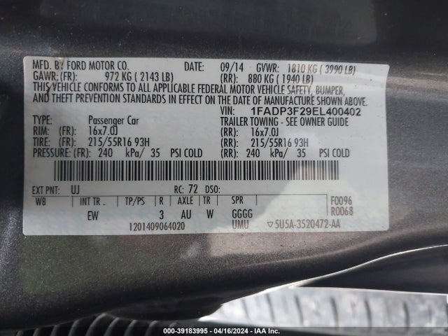 Ford FOCUS SE 2014 1FADP3F29EL400402 Image 9