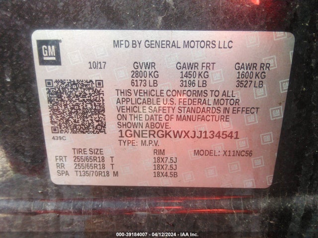 Chevrolet Traverse 1lt 2018 1GNERGKWXJJ134541 Image 9