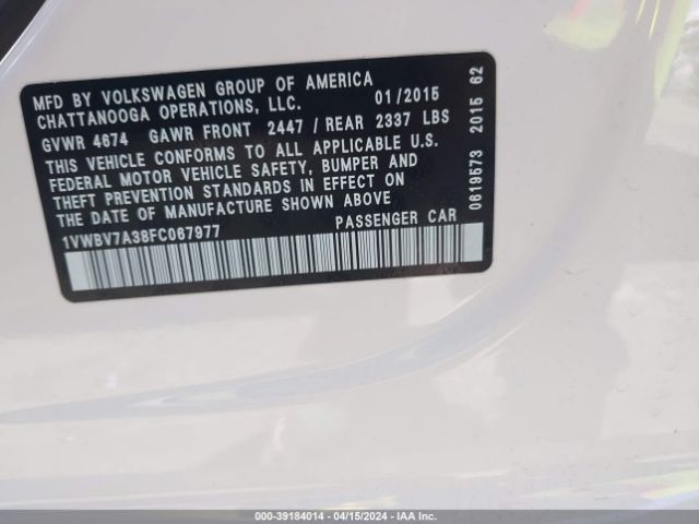 1VWBV7A38FC067977 Volkswagen Passat 2.0l Tdi Se