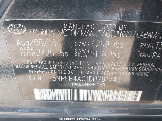 Продажа на аукционе авто 2013 Hyundai Sonata Gls, vin: 5NPEB4AC1DH791745, номер лота: 39184020