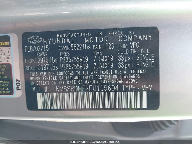 Hyundai Santa Fe Limited 2015 KM8SRDHF2FU115694 Image 9