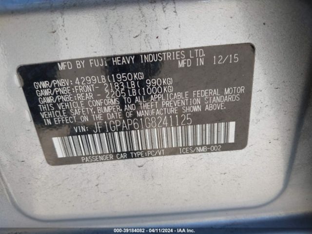 JF1GPAP61G8241125 Subaru Impreza 2.0i Sport Premium