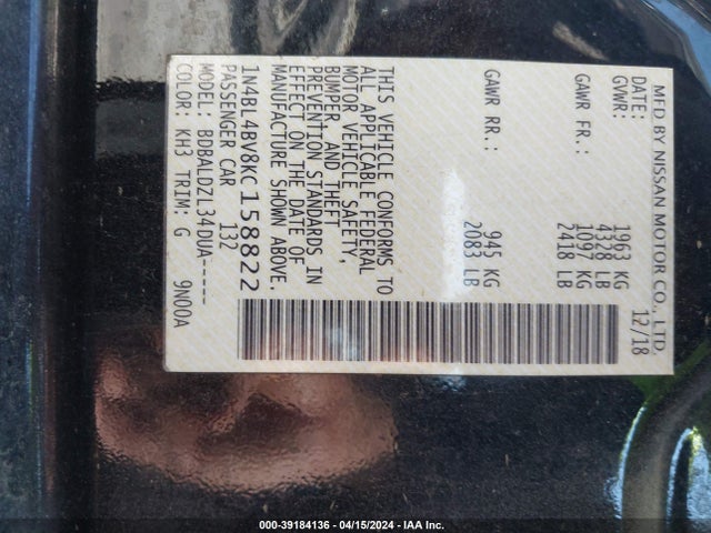 Nissan Altima 2.5 S 2019 1N4BL4BV8KC158822 Image 9