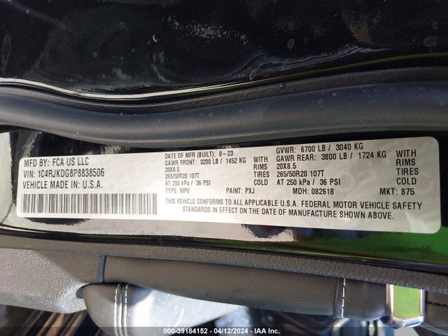 1C4RJKDG8P8838506 Jeep Grand Cherokee L Overland 4x4