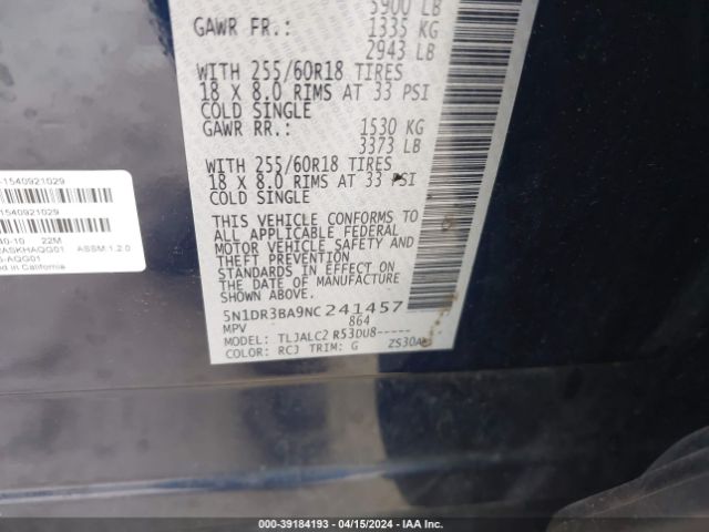 5N1DR3BA9NC241457 Nissan Pathfinder Sv 2wd