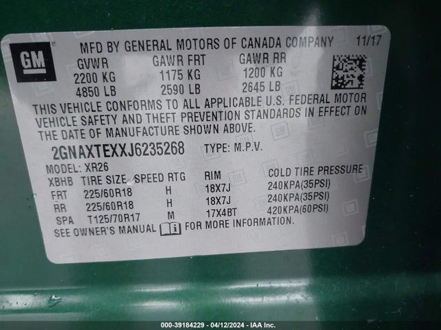 Chevrolet EQUINOX LT 2018 2GNAXTEXXJ6235268 Image 9