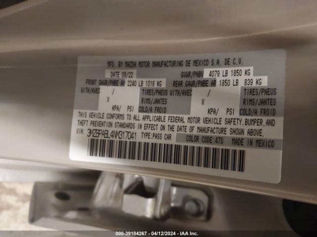 3MZBPABL4NM317041 Mazda Mazda3 Select
