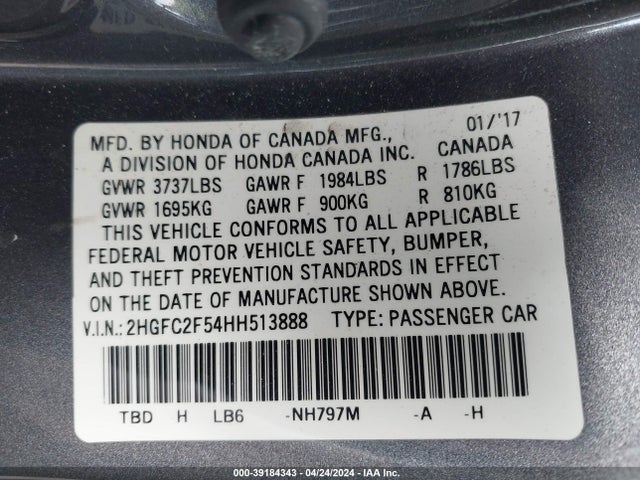 Honda Civic Lx 2017 2HGFC2F54HH513888 Image 9