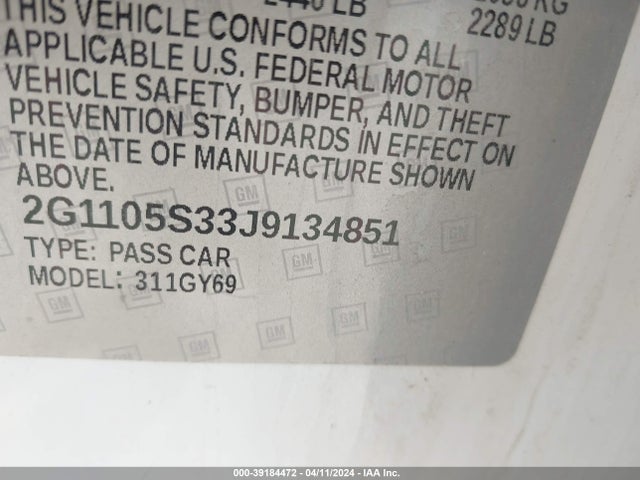 Chevrolet IMPALA 1LT 2018 2G1105S33J9134851 Image 9