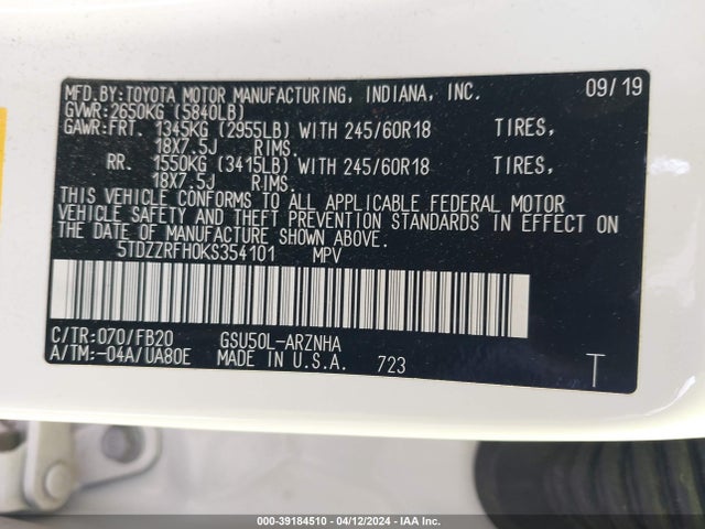 Toyota Highlander Le 2019 5TDZZRFH0KS354101 Image 9