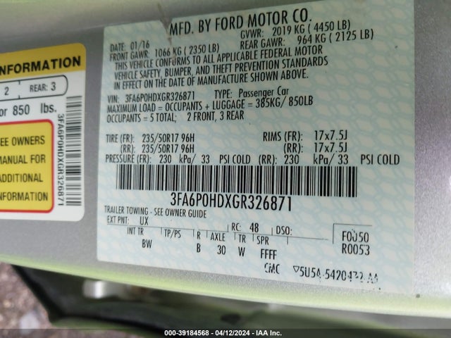 Ford FUSION SE 2016 3FA6P0HDXGR326871 Image 9