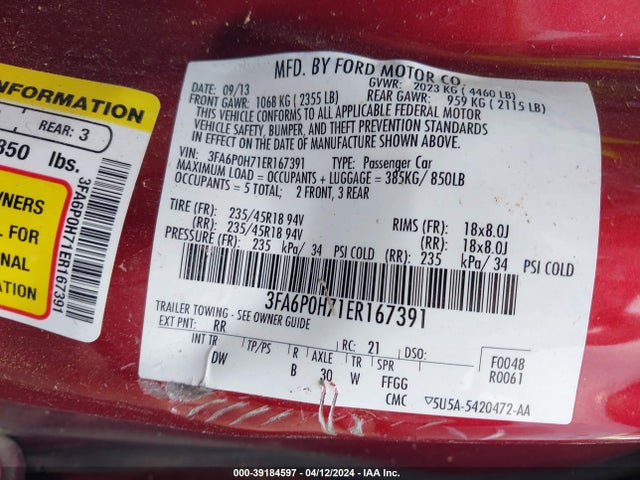 Ford FUSION SE 2014 3FA6P0H71ER167391 Image 9