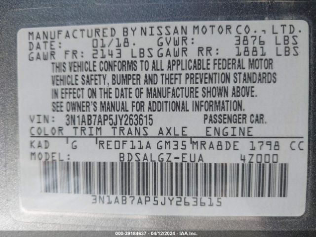 3N1AB7AP5JY263615 Nissan SENTRA SL
