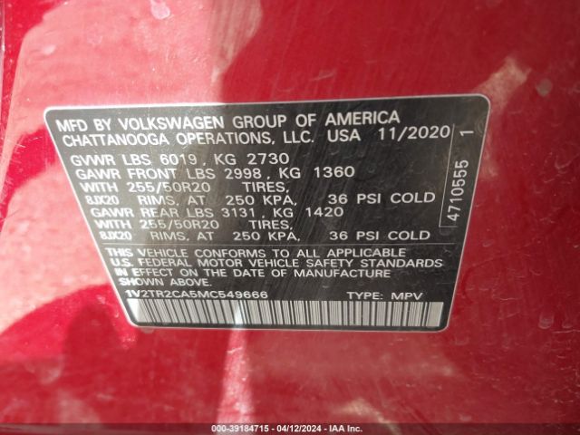 1V2TR2CA5MC549666 Volkswagen Atlas 3.6l V6 Sel Premium
