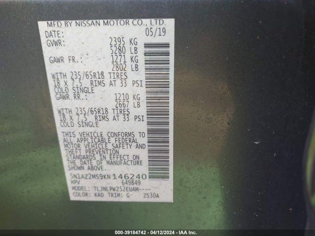 Nissan MURANO S 2019 5N1AZ2MS9KN146240 Image 9
