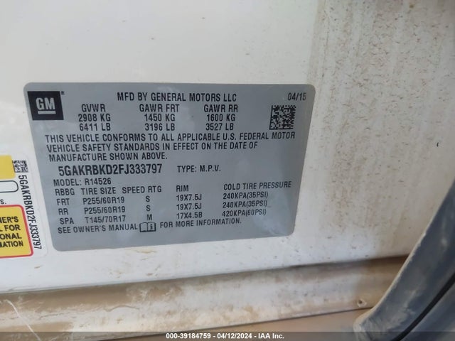 Buick Enclave Leather 2015 5GAKRBKD2FJ333797 Image 9