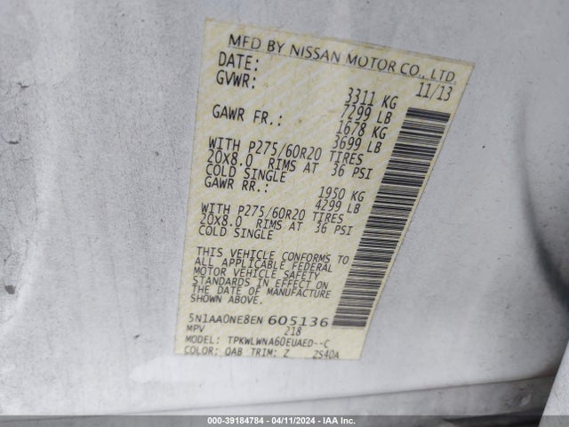 Nissan Armada Platinum 2014 5N1AA0NE8EN605136 Image 9