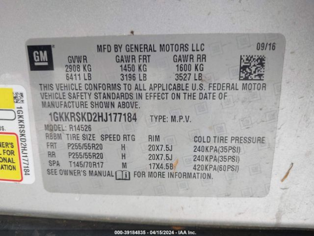 1GKKRSKD2HJ177184 GMC Acadia Limited