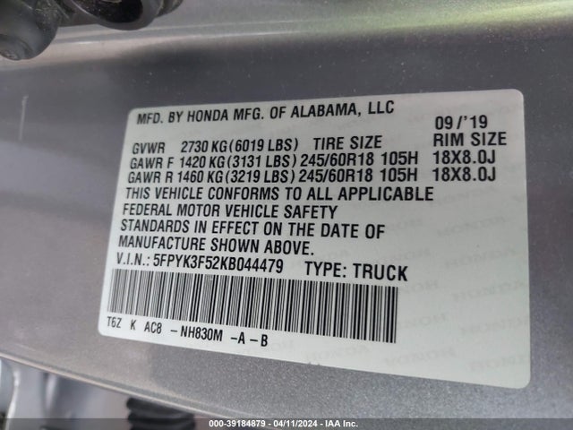 Honda Ridgeline Rtl 2019 5FPYK3F52KB044479 Image 9