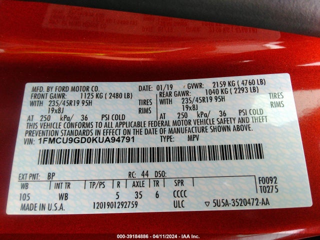 1FMCU9GD0KUA94791 Ford ESCAPE SE