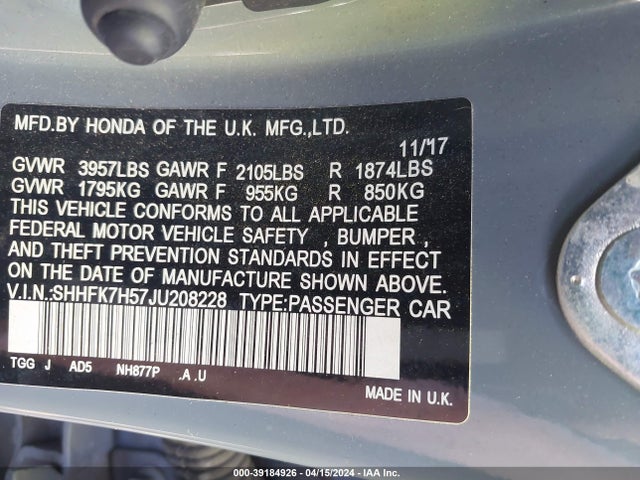 Honda CIVIC EX 2018 SHHFK7H57JU208228 Image 9