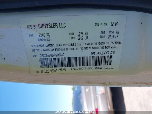 Aukcja sprzedaży 2008 Dodge Charger, vin: 2B3KA43G18H200612, numer aukcji: 39184928