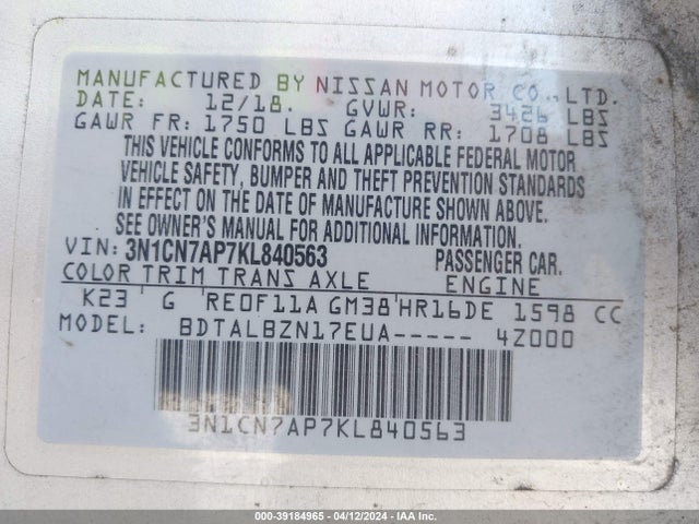 Nissan Versa 1.6 Sv 2019 3N1CN7AP7KL840563 Image 9