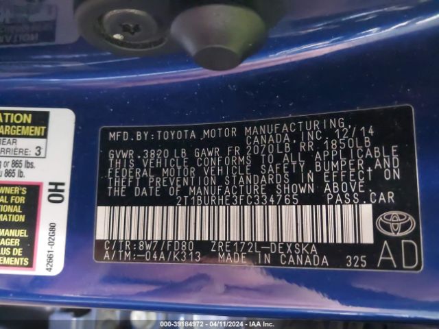 2T1BURHE3FC334765 Toyota Corolla S Plus