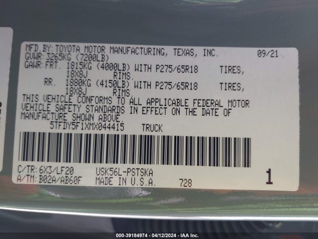 Toyota Tundra Trd Pro 2021 5TFDY5F1XMX044415 Image 9