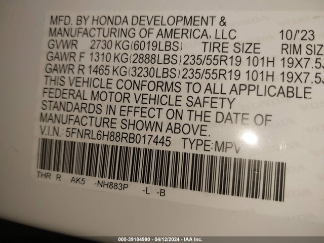 Honda Odyssey Touring 2024 5FNRL6H88RB017445 Image 9
