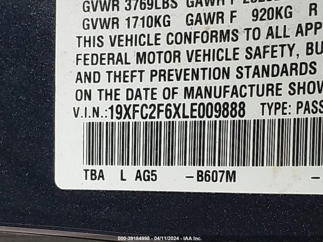 Honda Civic Lx 2020 19XFC2F6XLE009888 Image 9