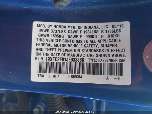 Honda CIVIC EX 2018 19XFC2F81JE033866 Image 9