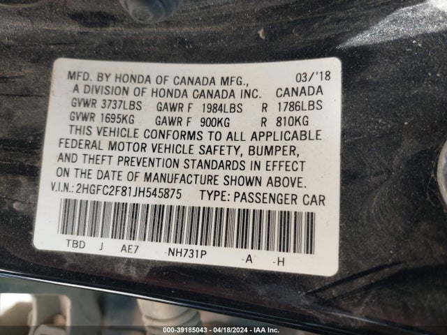 Honda CIVIC EX 2018 2HGFC2F81JH545875 Image 9