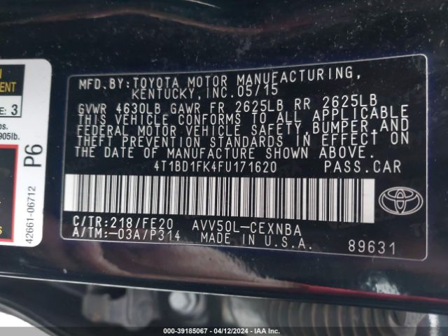 4T1BD1FK4FU171620 Toyota Camry Hybrid Le