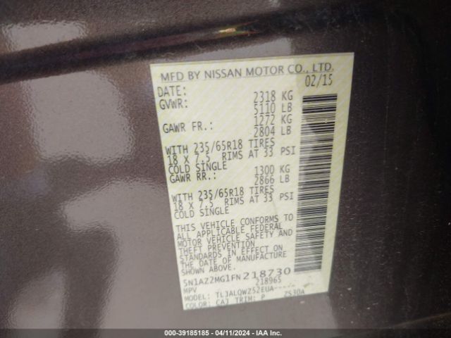 5N1AZ2MG1FN218730 Nissan MURANO SV