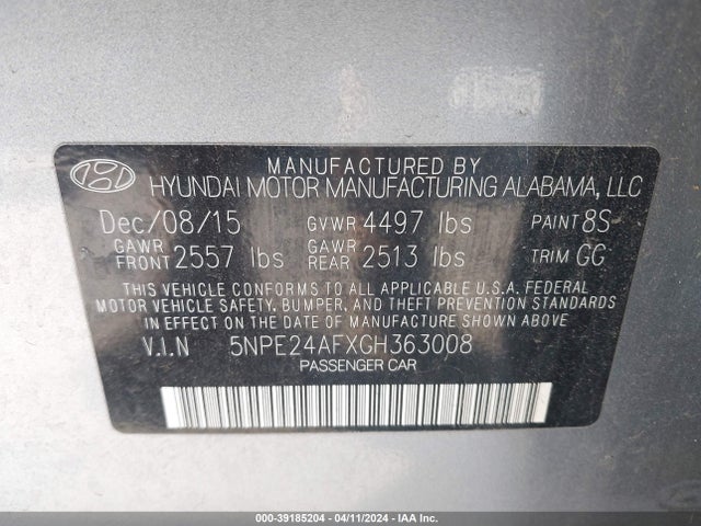 Hyundai SONATA SE 2016 5NPE24AFXGH363008 Image 9